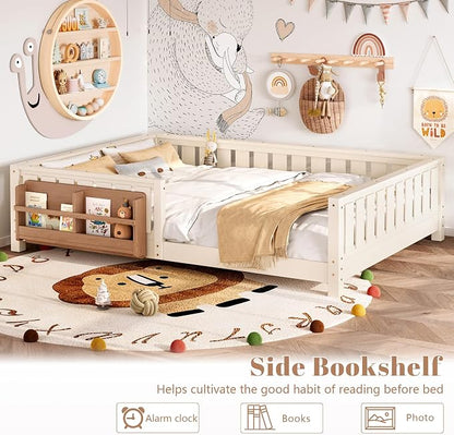 Bellemave Queen Floor Bed with Slats and Rails, Queen Size Montessori Floor Bed with Bookcase and Fence, Easy Assemble Montessori Beds for Girls, Boys, Beige Floor Beds
