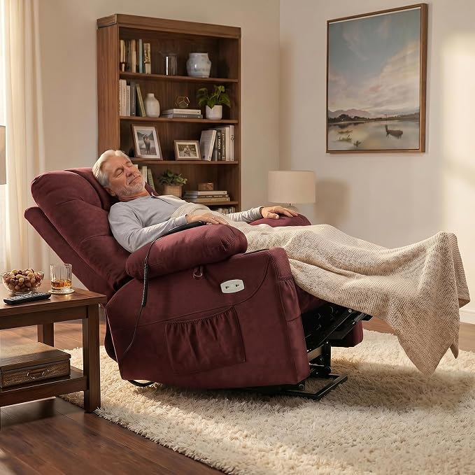 MCombo Power Lift Recliner Chair with Extended Footrest for Elderly People, Fabric 7287 (Burgundy, Medium)