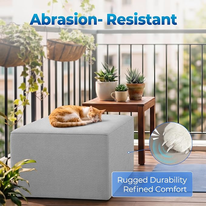Living&Giving Square Outdoor Ottoman Pouf, 24 Inch Waterproof Patio Ottoman Foot Rest with Solid High-Density Foam, Comfy Boneless Footstool for Outside Couch & Seating, Light Gray