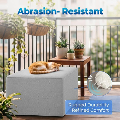 Living&Giving Square Outdoor Ottoman Pouf, 24 Inch Waterproof Patio Ottoman Foot Rest with Solid High-Density Foam, Comfy Boneless Footstool for Outside Couch & Seating, Light Gray