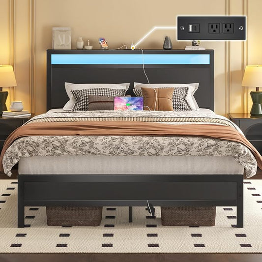 Fluest Full Bed Frame with Headboard & Footboard, Full Bed Frame with Built-in Charging Station & LED Light, Storage Shelf, Noise-Free, No Box Spring Needed, Easy Assembly, Classic Black