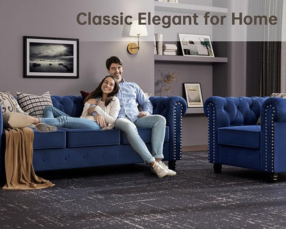 Morden Fort Classic Chesterfield Sofa Chair Set, Tufted Arm Chair Sofa with Solid Wood Legs Thick Cushion, Pet-Friendly Sofa Couch Chair for Living Room Bedroom Reading Room - Velvet Blue