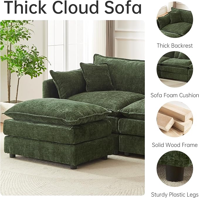 Modular Sectional Sofa, 147.2 Inch U Shaped Couch Set with Armrests, 4-Seater Comfy Cloud Couches with Movable Ottoman for Living Room Apartment, Green
