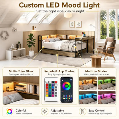 Bellemave Twin Corner Bed Frame with Storage Bookcase & 2 Drawers, Modern Metal Twin Daybed with LED Lights & Charging Station, Reversible Twin Corner Bed with Desk for Space-Saving, Grey