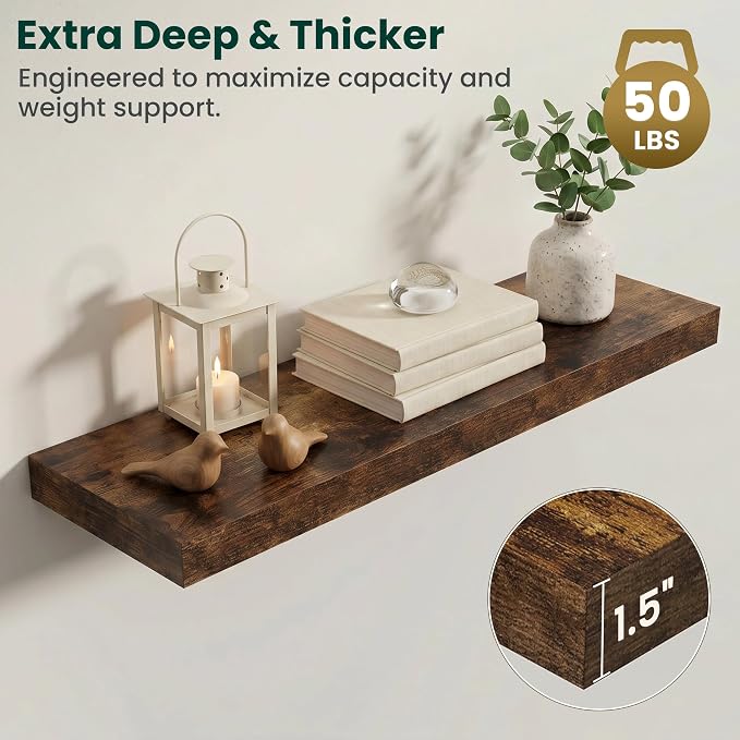 Floating Shelves for Wall 36 in x 9.3 in Deep, Wall Mounted Rustic Wood Shelf with Invisible Brackets for Storage & Display, Living Room Bedroom Bathroom, Brown, 2 Pack