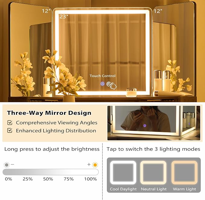 T4TREAM Fluted Makeup Vanity Desk with 3 Way Mirror and Lights, 48" Large Corner Vanity Table with Glass Top, Charging Station, 3 Drawers, Storage Cabinets & Shelves, for Bedroom, Dark Alder