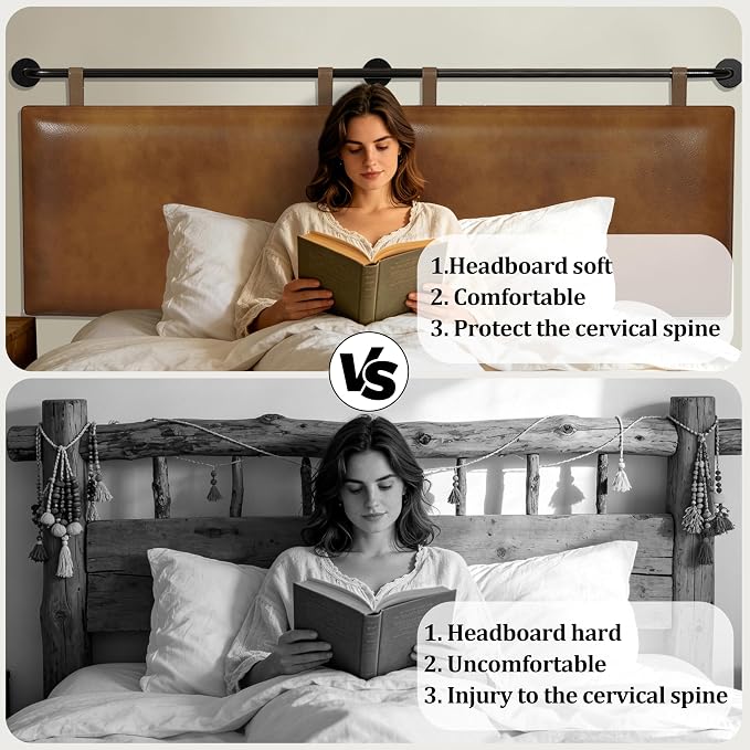 BSHOMGI King Headboard Only Wall Mount PU Leather Head Board Brown Hanging Headboards Industrial Pipe Modern Bed Backboard for Bedroom