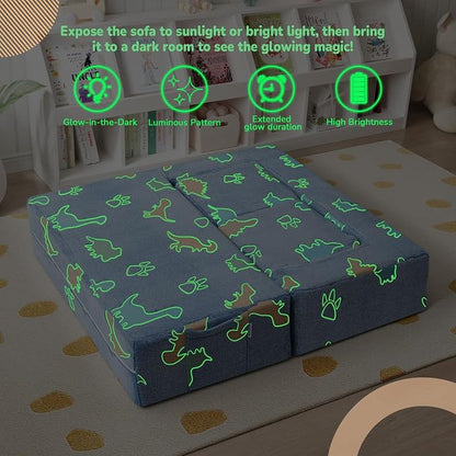 MeMoreCool Modular Kids Couch Dinosaur, Glow Dino Play Toddler Couch for Bedroom, Convertible Foam Kids Sofa Bed, Fold Out Baby Sofa for Girl Boy