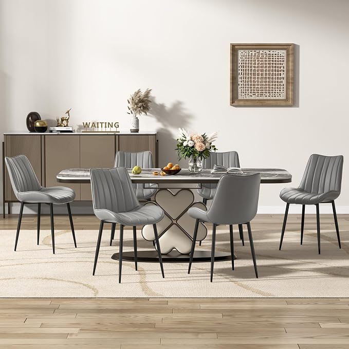 VECELO Dining Chairs Set of 6, Vegan Leather Fabric & Metal Frame, Mordern Style for Kitchen, Living Room,Offcie，Light Grey