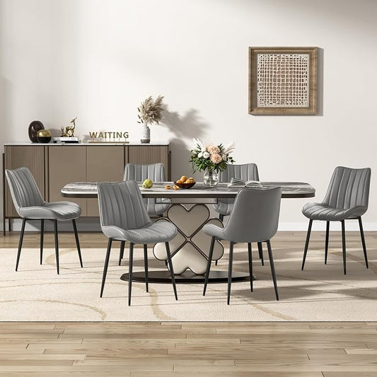 VECELO Dining Chairs Set of 6, Vegan Leather Fabric & Metal Frame, Mordern Style for Kitchen, Living Room,Offcie，Light Grey