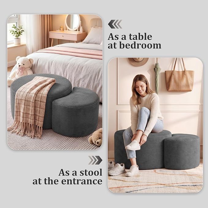BSHOMGI Boneless Ottoman Nesting Coffee Table Set of 2,Corduroy Soft Foot Rest Movable LargePouf Footstool for Living Room Sofa Couch Bedroom Entryway and Small Spaces No Assembly (Dark Gray)