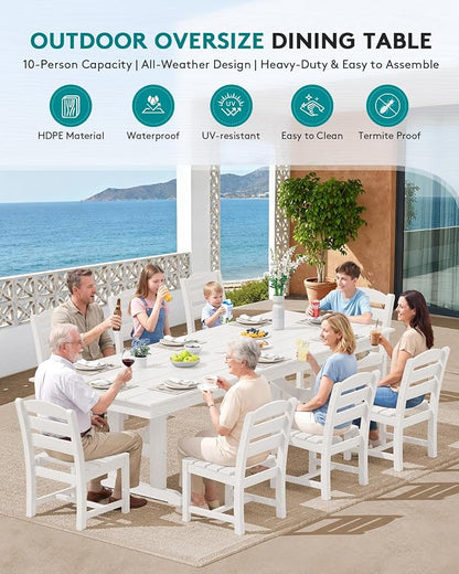 SERWALL 9 Piece 84" HDPE Outdoor Dining Set for 8 with Armless Chairs and Umbrelle Hole, White