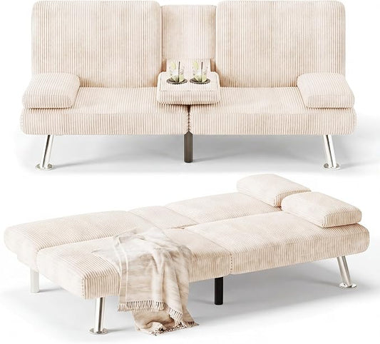 Flamaker Futon Sofa Bed Corduroy Folding Couch Adjustable Sleeper Sofa Bed for Small Apartment Upholstered Living Room Furniture Set with 2 Cup Holders Removable Armrests (Corduroy, Beige)