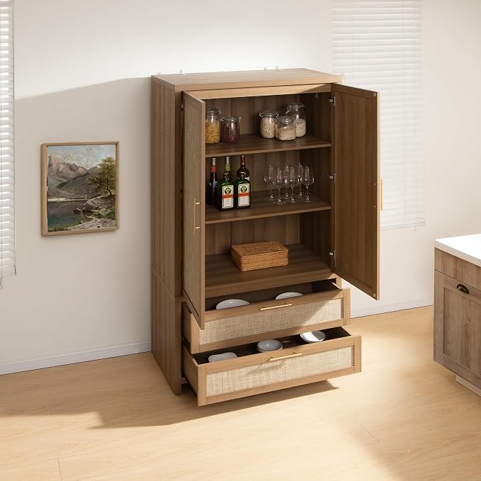 SICOTAS Armoire Wardrobe Closet, Larger Rattan Armoires Wardrobe Cabinet with 2 Drawers and Hanging Rod, Tall Closet Storage Cabinet for Cloak Room, Laundry Room, Bedroom, Oak (3 Pieces)