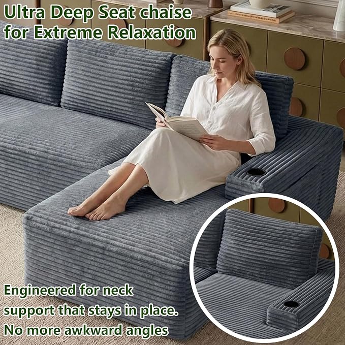 104.3" Modular Sectional Sofa,Modern Corduroy Cloud Couch with Cup Holder & Side Pockets,Boneless Couch Upholstered 4-Seater L-Shaped Sofa for Living Room,No Assembly (Dark Grey, Right-Facing Chaise)