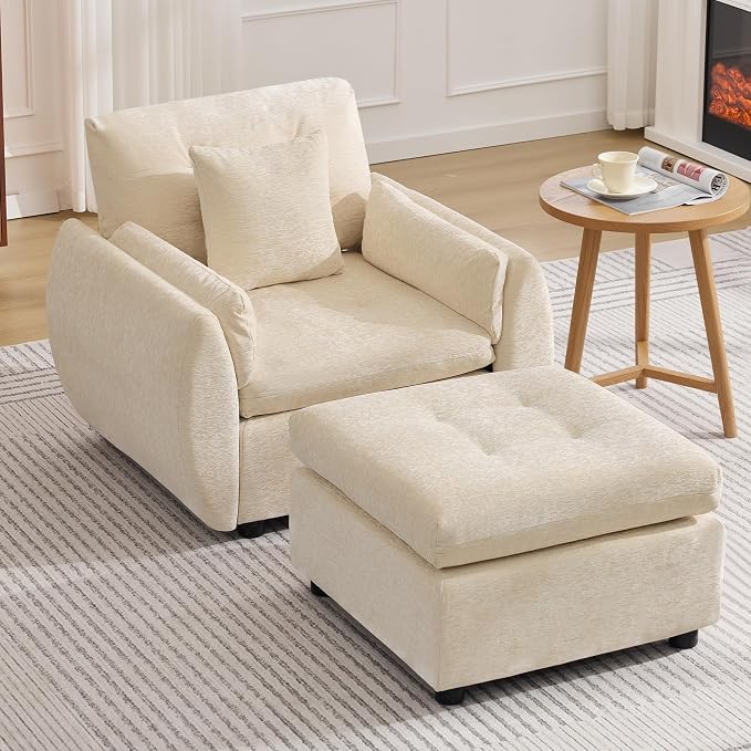 30" Modular Cloud Accent Chair with Ottoman, Deep Seat Tufted Chenille Sofa Chair with Curved Arms, Upholstered Reading Chairs for Living Room, Bedroom, Beige