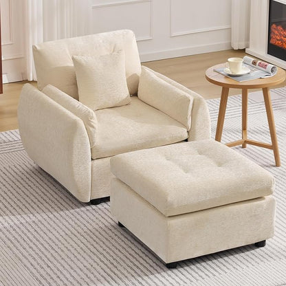30" Modular Cloud Accent Chair with Ottoman, Deep Seat Tufted Chenille Sofa Chair with Curved Arms, Upholstered Reading Chairs for Living Room, Bedroom, Beige