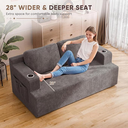Homall 67” Boneless Sofa Couch with 2 Pillows Extra Deep Seats, Corduroy Fabric 3 Seater with Cup Holder & Storage Pocket Upholstered Floor Easy Installation (Grey, Loveseat)