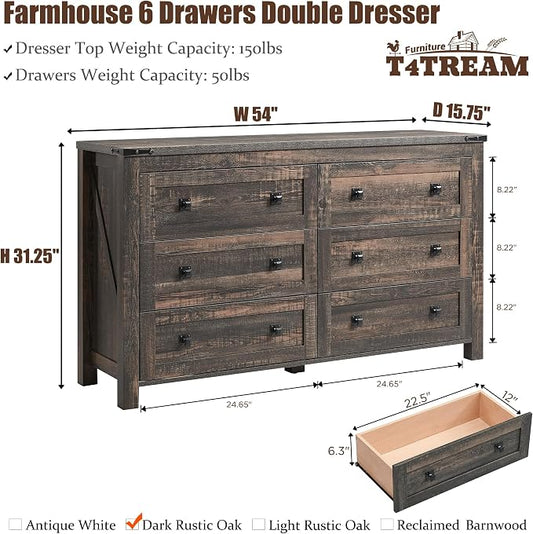 T4TREAM 54" Wide Farmhouse 6-Drawer Dresser for Bedroom, Dark Rustic Oak | Rustic, Wood Storage Cabinet, Metal Handle, Unique Corner Accent, Bedroom, Living Room, Hallway