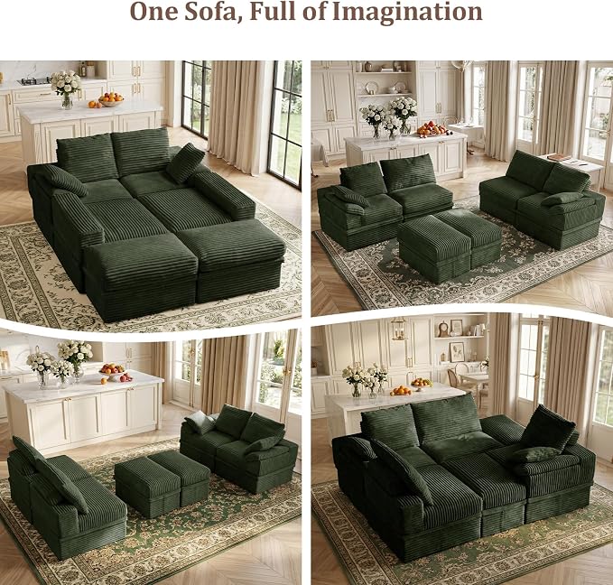 142" Modular U-Shaped Sectional Sofa with Storage, 4-Seat Corduroy Boneless Couch, 27" Deep Seat Cloud Couch & 2 Movable Ottoman, Tool-Free Assembly, Couch for Living Room, Green