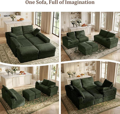 142" Modular U-Shaped Sectional Sofa with Storage, 4-Seat Corduroy Boneless Couch, 27" Deep Seat Cloud Couch & 2 Movable Ottoman, Tool-Free Assembly, Couch for Living Room, Green