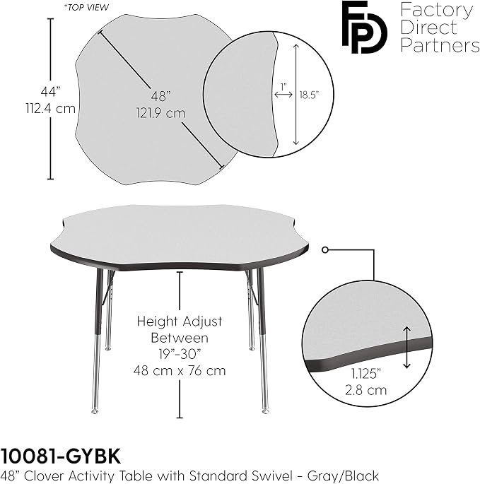 FDP Clover Activity School and Office Table (48 x 48 inch), Standard Legs with Swivel Glides for Collaborative Seating Environments, Adjustable Height 19-30 inches - Gray Top and Black Edge