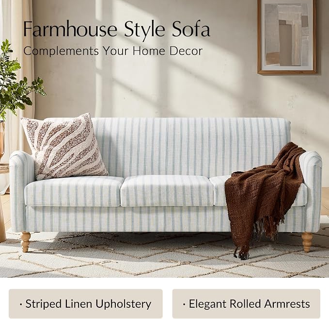 HULALA HOME Farmhouse Curved Couch with Stripe Pattern, 3 Seater Sofa with Solid Wood Spindle Legs and Rolled Wide Armrests, Comfy Upholstered Sofa for Living Room Bedroom, Blue