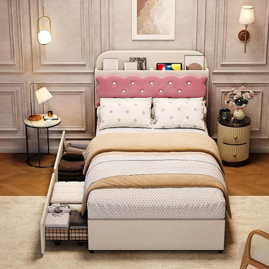 Garvee Twin Bed Frame with Cookie Sandwich Headboard, Beige Pink Bed for Girls, Storage with Cubbies Headboard & 2 Drawers, No Box Spring, Easy Assembly