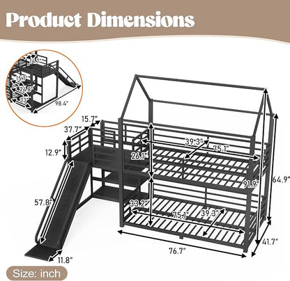 Harper & Bright Designs Metal House Bunk Bed with Slide and Roof, Twin Over Twin Floor Bunk Bed with Staircase and Full Length Guardrails, No Box Spring Required, Noise Free, Space Saving, Black