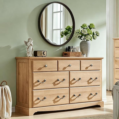 T4TREAM Farmhouse Dressers & Night Stand Set of 4, 54" Wide 7 Drawer Dresser & 48" Tall 6 Drawers Chests, 18" Wide 2 Drawers Side Table Set of 2, Furniture Dresser Sets for Home, Natural Oak