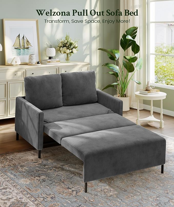 Welzona 47.2" Convertible Sofa Bed Couch, Comfy Corduroy Loveseat Sleeper Sofa, 620lbs Capacity Couch Bed, Easy Setup Love Seat Sleeper Bed 2 Pillow, Small Couches for Living Room/Office, Classic Grey