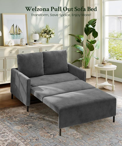 Welzona 47.2" Convertible Sofa Bed Couch, Comfy Corduroy Loveseat Sleeper Sofa, 620lbs Capacity Couch Bed, Easy Setup Love Seat Sleeper Bed 2 Pillow, Small Couches for Living Room/Office, Classic Grey