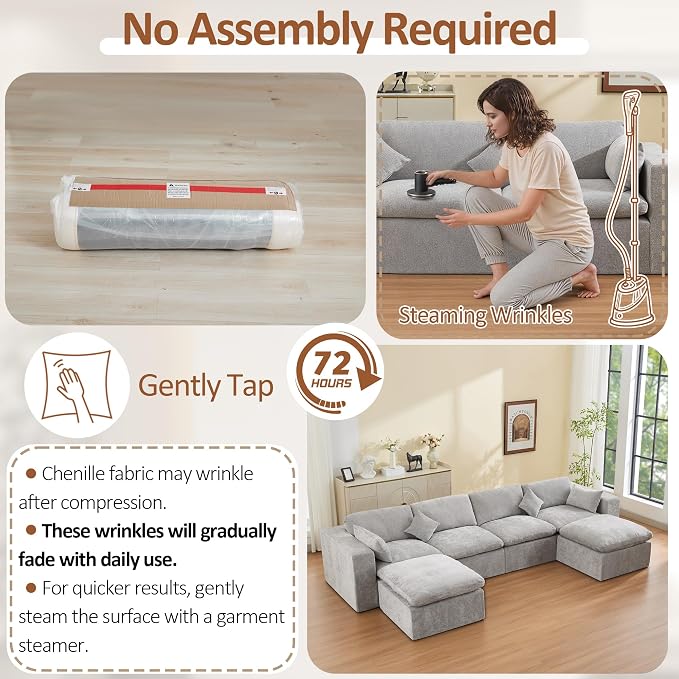 146''Cloud Boneless Sectional Couch, Modular Sectional Sofa Deep Seat with 2 Ottomans, Oversized Upholstered Convertible Comfy 6 Seater Chenille Sofa U Shape Couches for Living Room, Light Grey