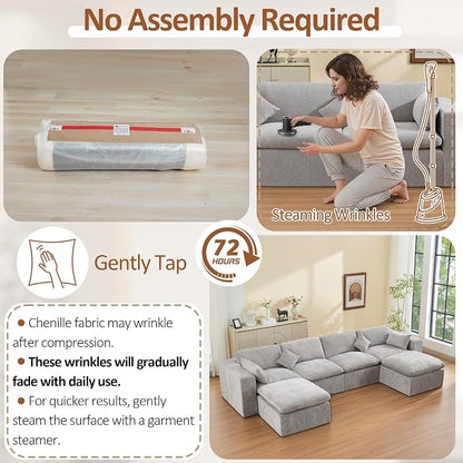 146''Cloud Boneless Sectional Couch, Modular Sectional Sofa Deep Seat with 2 Ottomans, Oversized Upholstered Convertible Comfy 6 Seater Chenille Sofa U Shape Couches for Living Room, Light Grey