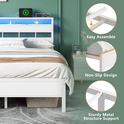 Furnulem Queen Bed Frame with Storage Headboard and LED Lights, Metal Bedframe with Charging Station and USB Port, Queen Size Platform Bed with Heavy Duty Slats, No Box Spring Needed, White