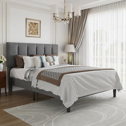 VECELO Queen Bed Frame with Upholstered Headboard, Heavy-Duty Platform Bedframe with Strong Wooden Slats Support, No Boxing Spring Needed, Dark Grey