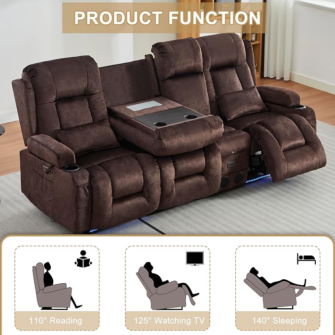 URRED Power Loveseat Recliner Sofa with Massage and Heat, Wall Hugger Reclining Loveseat with Console, RV Couch Home Theater Seating with LED Lights for Living Room (Brown, 89.8" - 3 Seats)