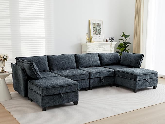 ORRD Oversize Modular Sectional Sofa Set, Convertible U Shaped Couch with Storage, 6 Seater Sofa Modular with Ottomans and Reversible Chaise for Living Room, Office (Blue Grey)