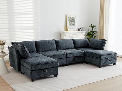 ORRD Oversize Modular Sectional Sofa Set, Convertible U Shaped Couch with Storage, 6 Seater Sofa Modular with Ottomans and Reversible Chaise for Living Room, Office (Blue Grey)