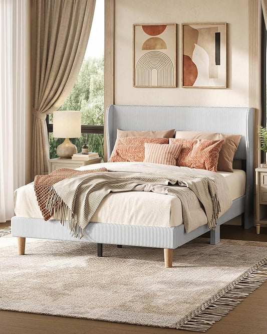 Bestier Full Bed Frame with Wingback Headboard,Upholstered,Light Grey | Vertical Channel Corduroy Upholstered,Easy Assembly,Wingback Headboard,No Squeaks,Wooden Slats Support,No Box Spring Needed