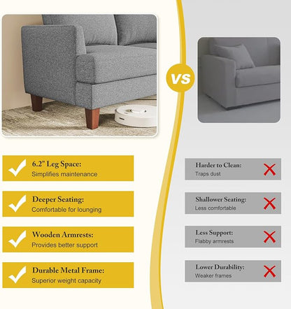 Busaurus 3 Seater Sofa Couch with Deep Seats, 89" Mid Century Modern Upholstered Sofa with Armrests, Comfy Couches for Living Room, Bedroom, Apartment and Office, Grey