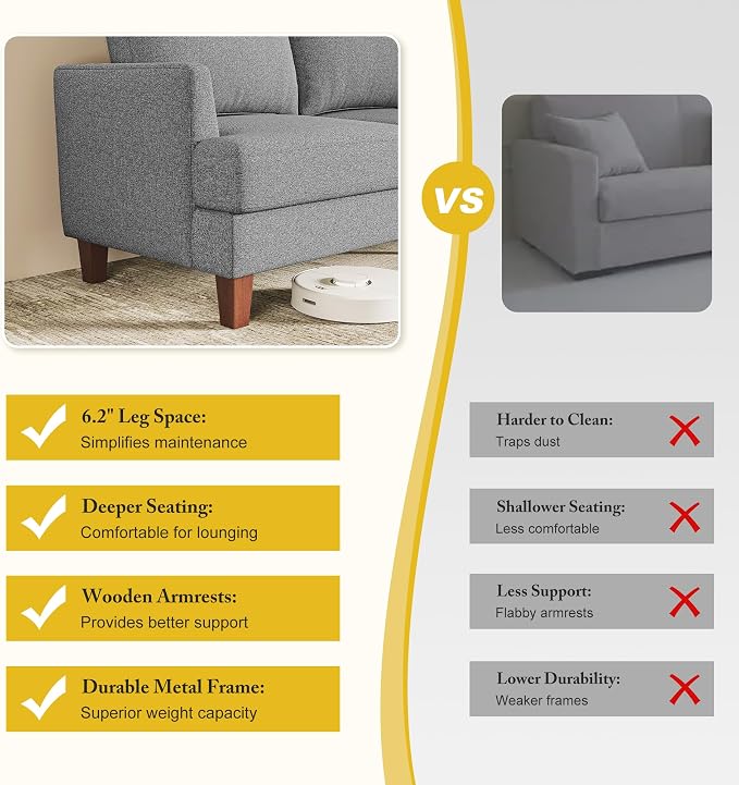 Busaurus 3 Seater Sofa Couch with Deep Seats, 89" Mid Century Modern Upholstered Sofa with Armrests, Comfy Couches for Living Room, Bedroom, Apartment and Office, Linen Light Grey