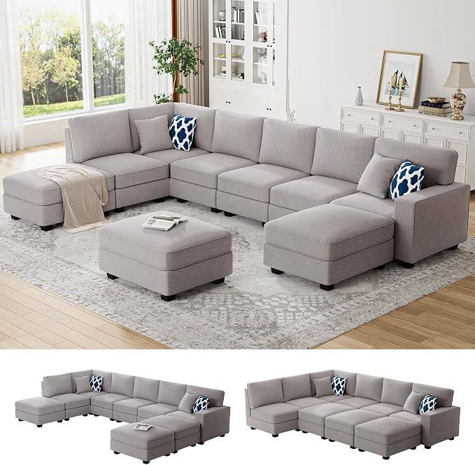 Legend Vansen Oversized Modular Sectional Sofa,U/L‑Shaped Reversible Couch with Ottoman,Deep Seat Plush Polyester Sofa for Living Room,9‑Seater,Light Grey