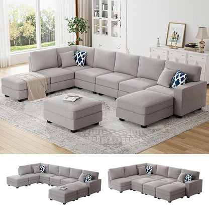 Legend Vansen Oversized Modular Sectional Sofa,U/L‑Shaped Reversible Couch with Ottoman,Deep Seat Plush Polyester Sofa for Living Room,9‑Seater,Light Grey