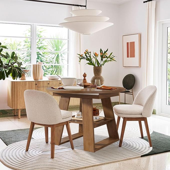 43.3in-59in Extendable Round Dining Table for 4-8, Modern Kitchen Oval Dining Table with Removable Leaves Space Saving, Wood Base with Storage Shelf for Kitchen Living Room, Walnut Style 2