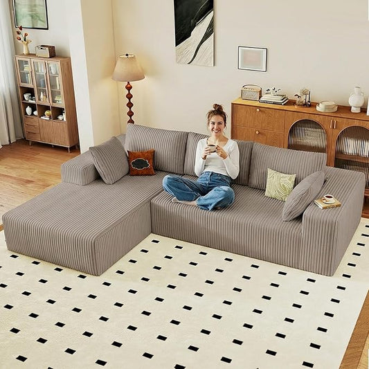 95" Cloud Sectional Couch with L-Shape Chaise, Modular Comfy Sofa Chaise Longue, Upholstered Corduroy Couches Sleeper with Deep Seat for Living Room Bedroom, No Assembly Required(Camel, Left Facing)
