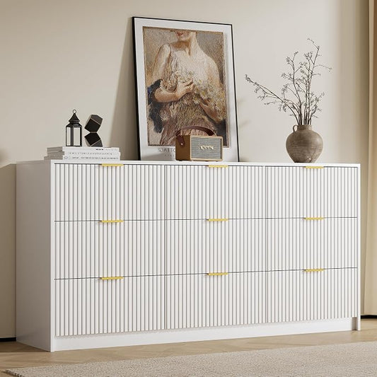 Furniway 9 Drawer White Dresser for Bedroom, 63" Modern Fluted Dresser with Gold Handles and Smooth Slides, Wide Chest of Drawers for Closet, Living Room, Hallway