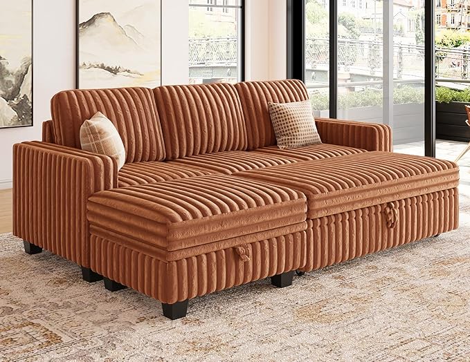 Belffin Corduroy Modular Sectional Sleeper Sofa with Pull Out Bed Small Sectional Couches with Storage for Living Room Apartment Couch. Brick-red Couch