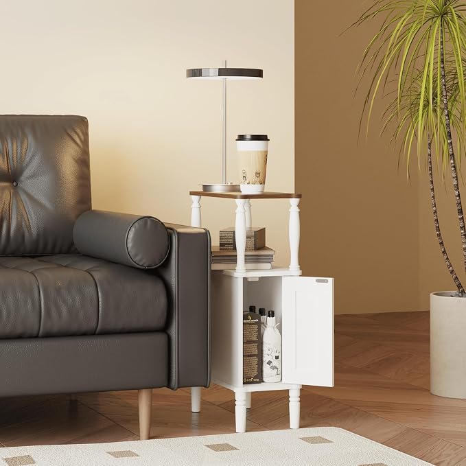 Veegle Narrow Nightstand, Skinny End Side Table(White) | Mid-Century Modern Nightstand with Storage,bedside table for Bedroom and Living Room
