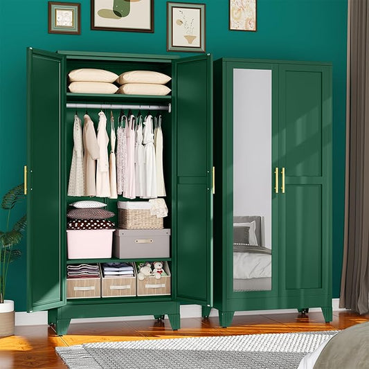 71" Metal Armoire Wardrobe Closet, Steel Clothing Storage Cabinet with Mirror and Adjustable Shelves, Household Steel Wardrobes Storage Cabinet with Adjustable Standing Feet and Hanging Rod（Green）